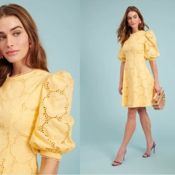 Rachel Parcell Buttercup Puff Sleeve Eyelet Fit & Flare Dress 100% Cotton - Picture 3 of 14